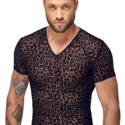 Noir Shirt Aus Feinem Powernet Mit Leo-Samtflockprint