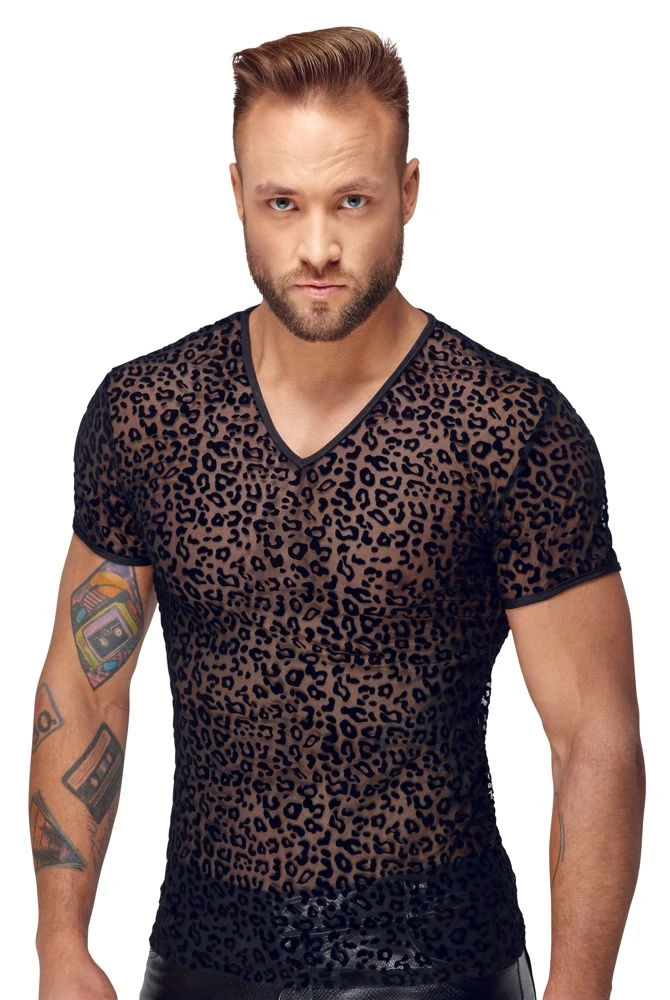 Noir Shirt Aus Feinem Powernet Mit Leo-Samtflockprint
