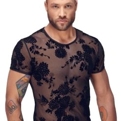 Noir Shirt Aus Feinem Powernet Mit Paradies-Samtflockprint