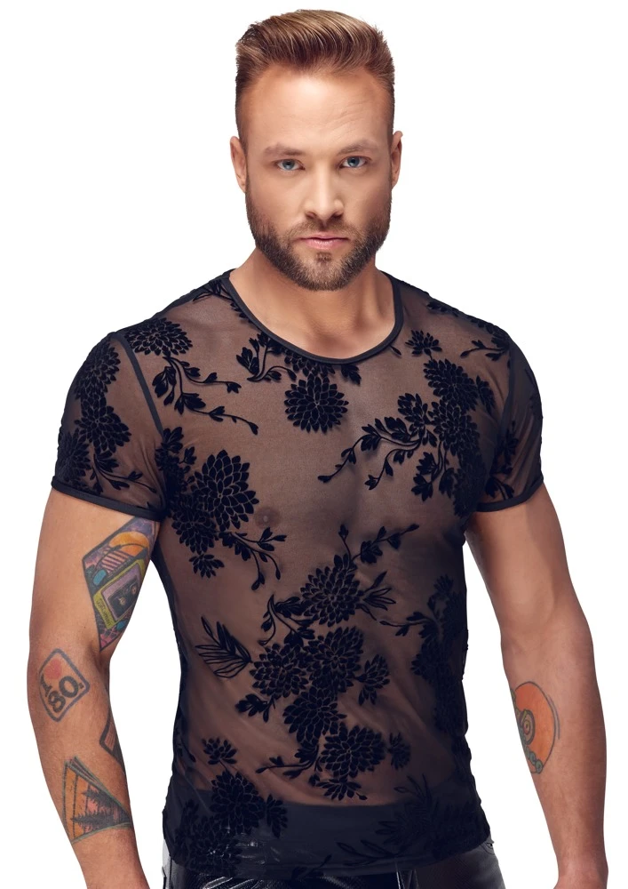 Noir Shirt Aus Feinem Powernet Mit Paradies-Samtflockprint