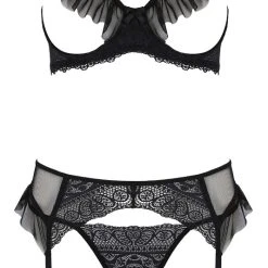 Passion 3-teiliges Straps-Set „Kerria“ Aus Powernet Und Spitze Mit Verspielten Volants