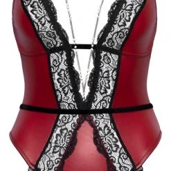Abierta Fina Body Ouvert Mit Strapsen, Edler Roter Mattlook Mit Schwarzer Spitze