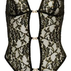 Abierta Fina Body Ouvert Aus Schwarzer Spitze Mit Goldfarbenen Glitzerdetails