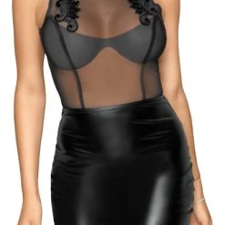 Noir Kleid Im Trendigen Mix Aus Powernet Und Powerwetlook, Edle Stickerei über Dem Dekolleté