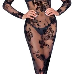 Noir Kleid Aus Powernet Mit Blüten-Samtflockprint