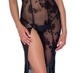 Noir Kleid Aus Powernet Mit Blüten-Samtflockprint