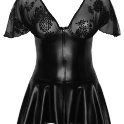 Noir Kleid Im Powerwetlook Mit Samtflockprint-Tu00fcll