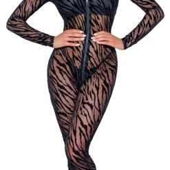 Noir Overall Aus Elastischem Powernet, 3-Wege-Reißverschluss Vom Hals Bis über Den Po